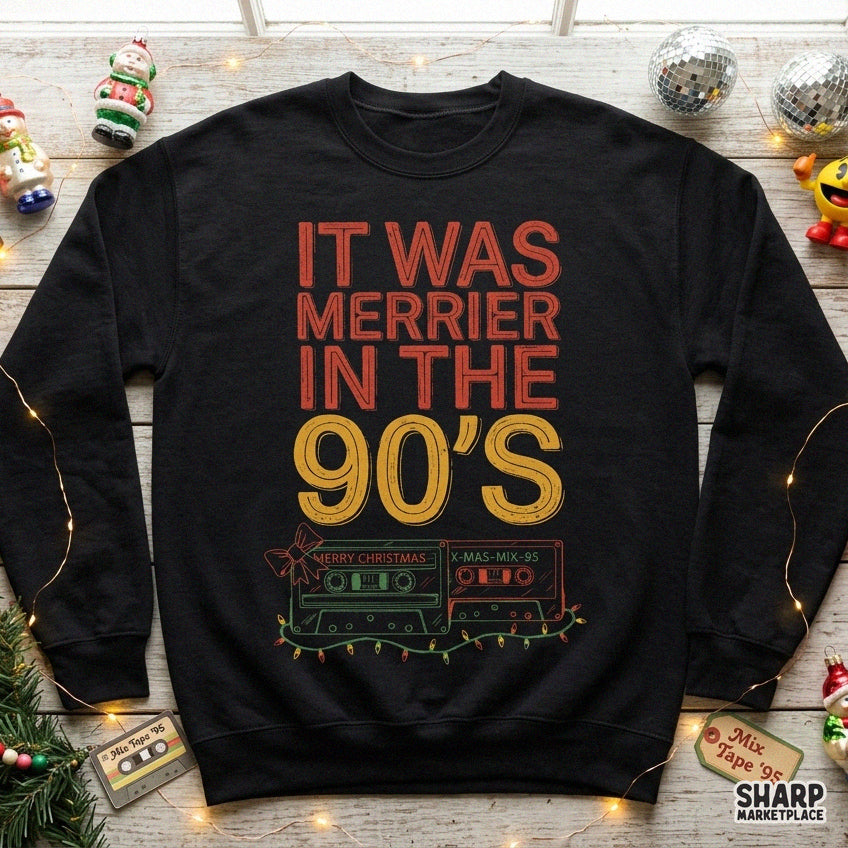 Retro 90s Christmas cassette tape PNG sublimation graphic with It Was Merrier In The 90s text for holiday t-shirts