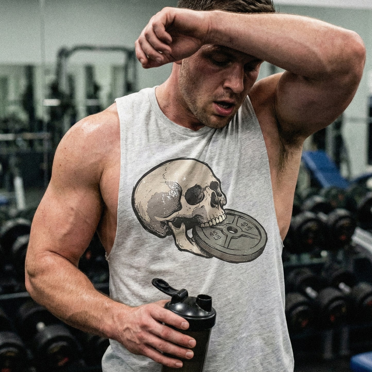 Skull With 45 LB Weight Plate PNG, Gym Motivation Art - 300 DPI Design