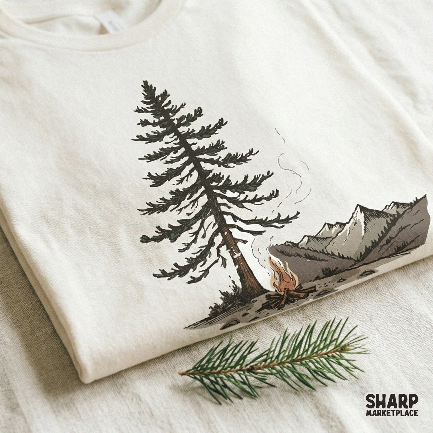 Detailed outdoor adventure PNG file with a campfire and pine tree, suitable for sublimation printing on hoodies, mugs, and DIY nature-inspired gifts.