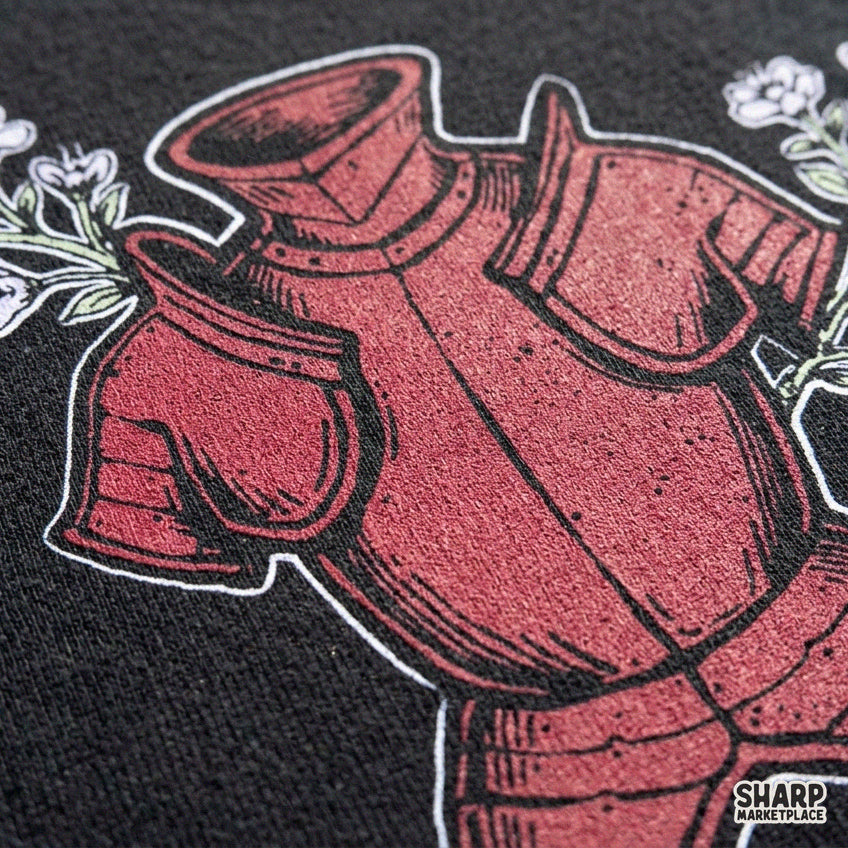 Vintage burgundy knight armor with floral branches sublimation PNG for dark academia shirts and crafts