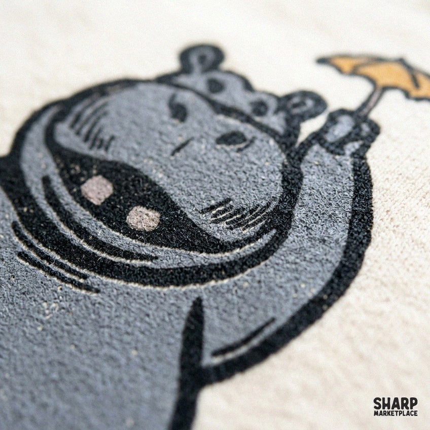 Cute chubby hippo holding a yellow umbrella in retro kawaii style for funny birthday t-shirts and stickers