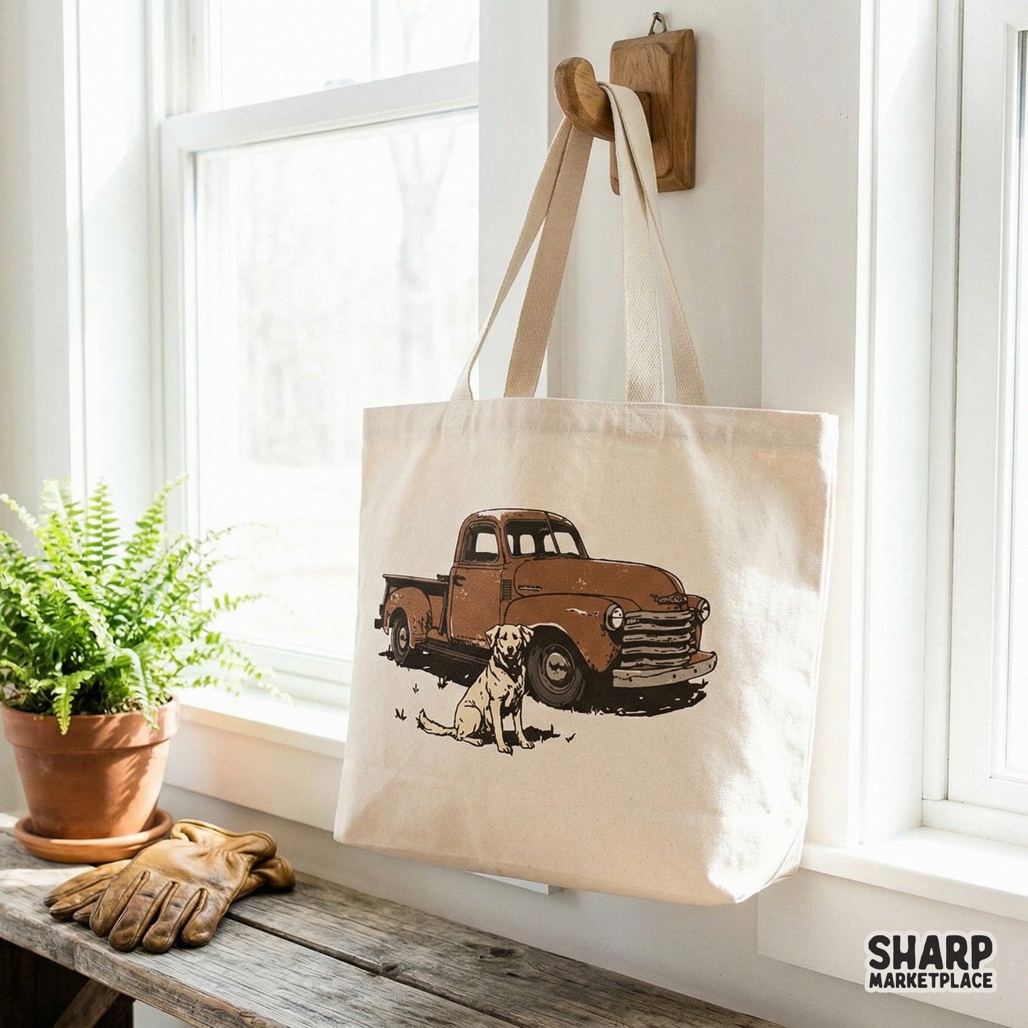 Detailed vintage country truck and dog design in a rustic illustration style, suitable for sublimation, heat transfers, and apparel printing.