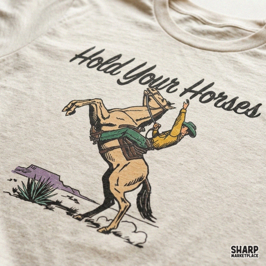 Hold Your Horses vintage western PNG graphic featuring a bucking bronco rodeo stallion rider for shirt sublimation