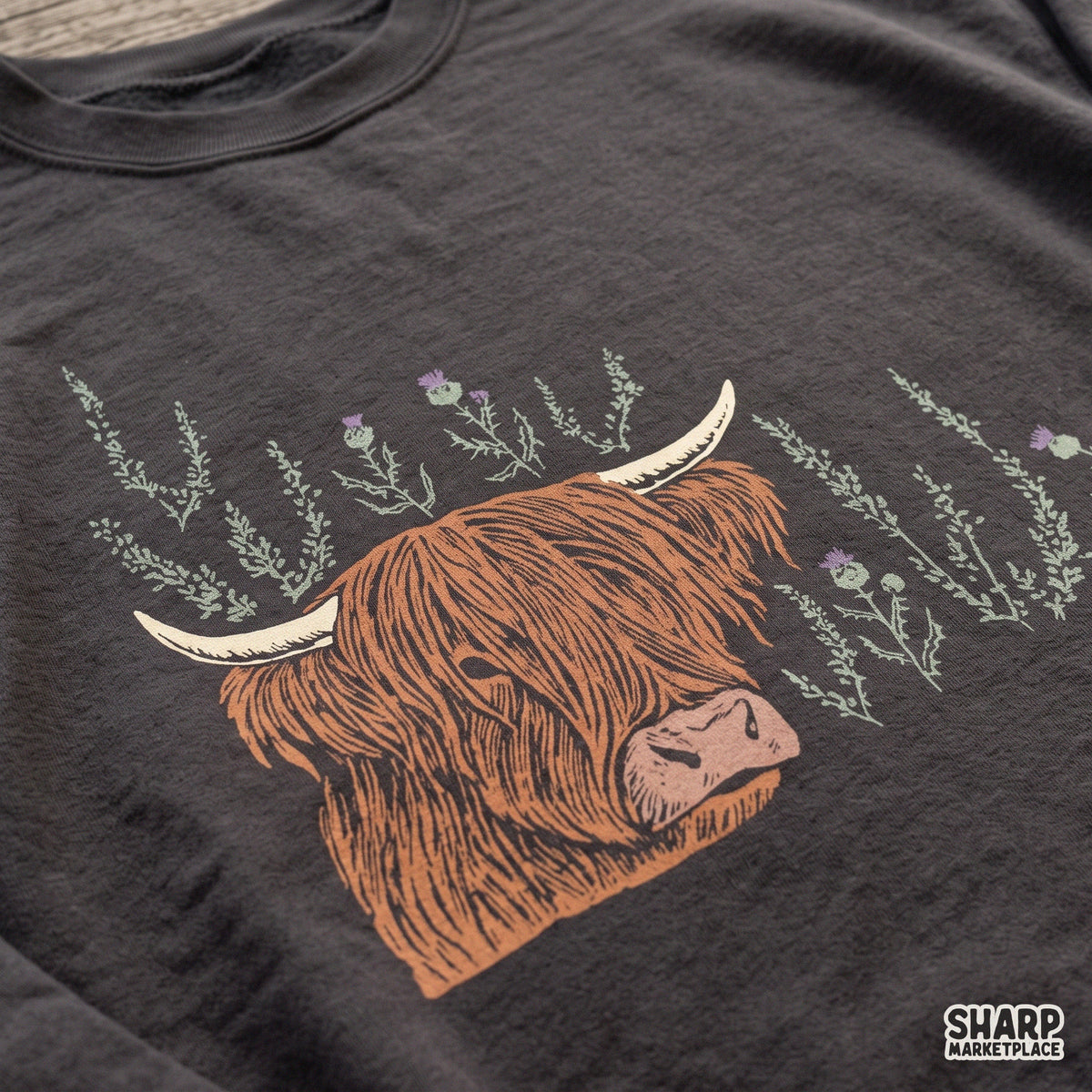 Scottish highland cow with purple thistles vintage western farm animal graphic PNG file for sublimation t-shirts