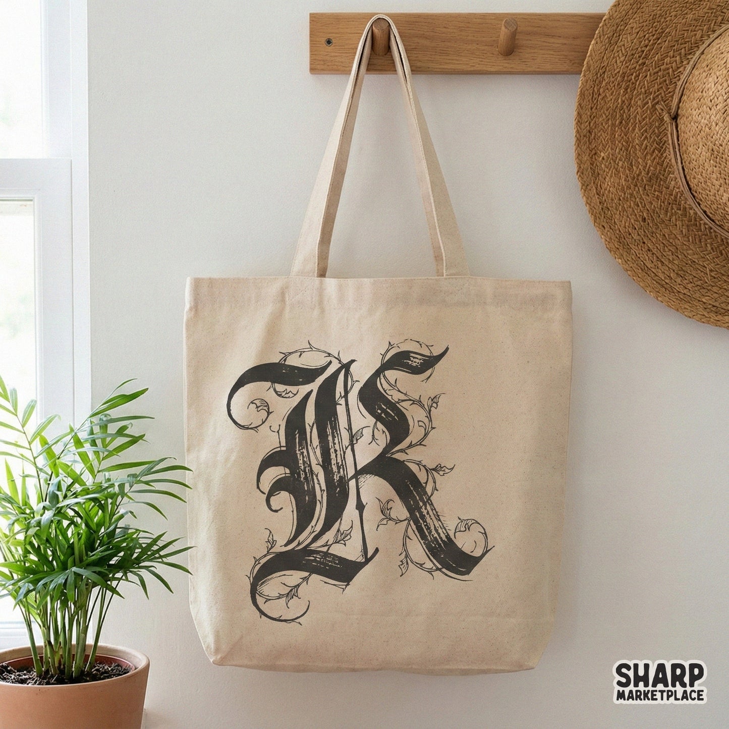 K Gothic Letter Floral Monogram, Vintage Ornate Initial Art - 300 DPI