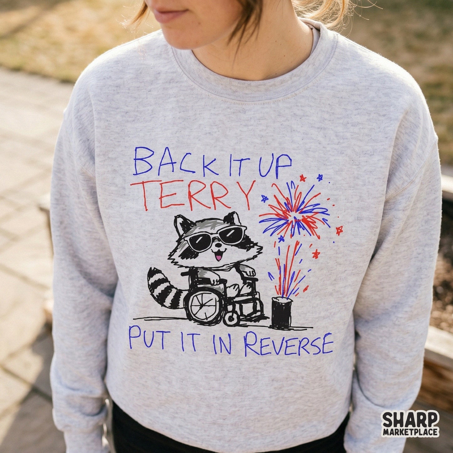 Retro style digital art of a raccoon in a wheelchair with fireworks and the phrase Back It Up Terry Put It In Reverse, perfect for DIY projects.
