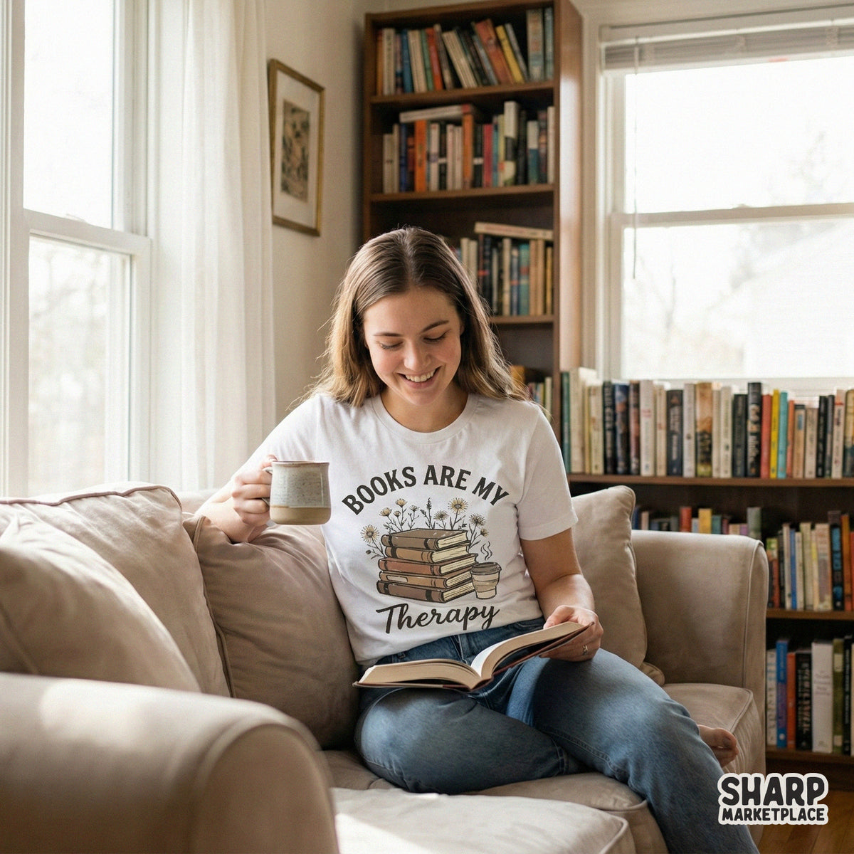 Printable digital graphic with a cozy book stack and coffee mug illustration, ideal for DIY stickers, wall art, or custom apparel for bibliophiles.