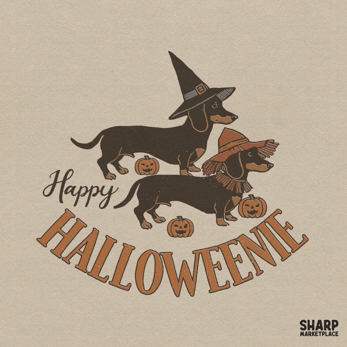 Cute dachshund dog wearing a witch hat for a Happy Halloweenie retro t-shirt sublimation PNG