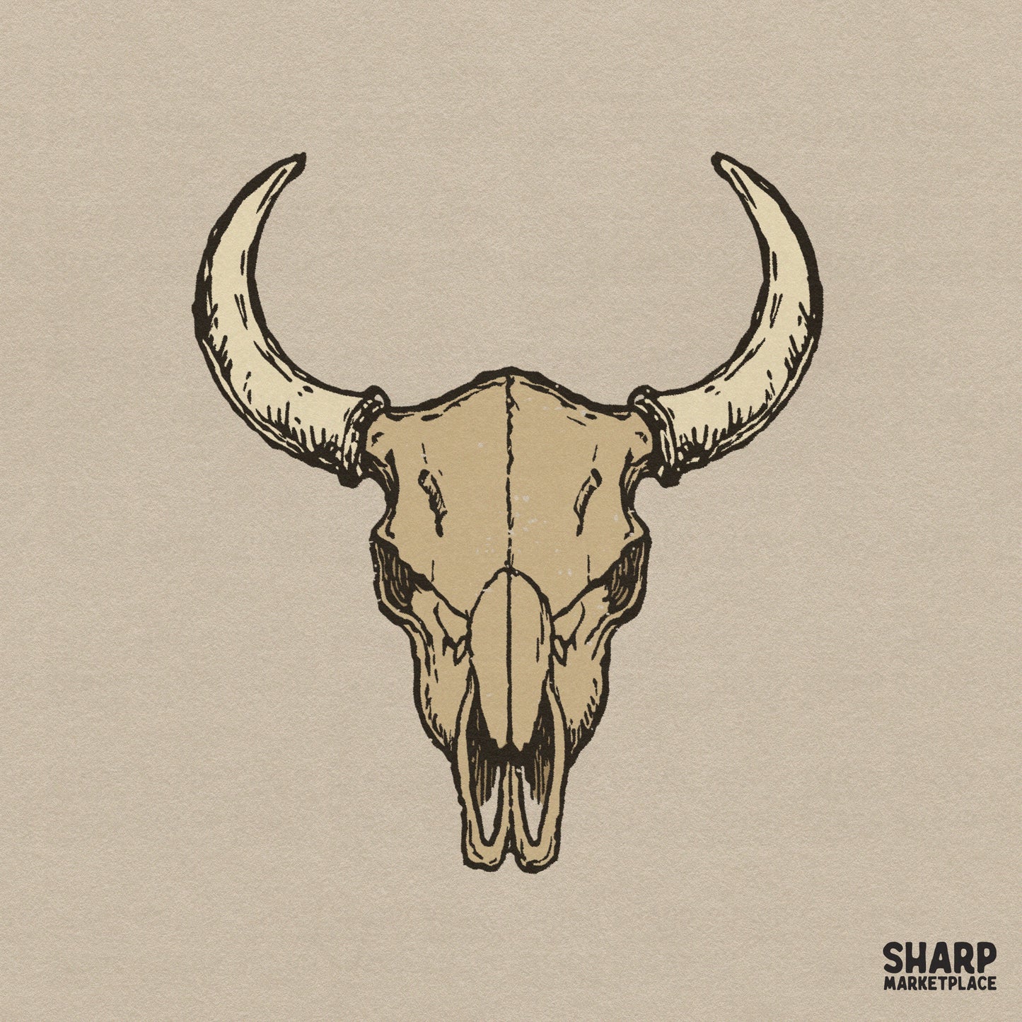 Vintage bull skull horns sketch for western desert aesthetic shirts and country style sublimation designs