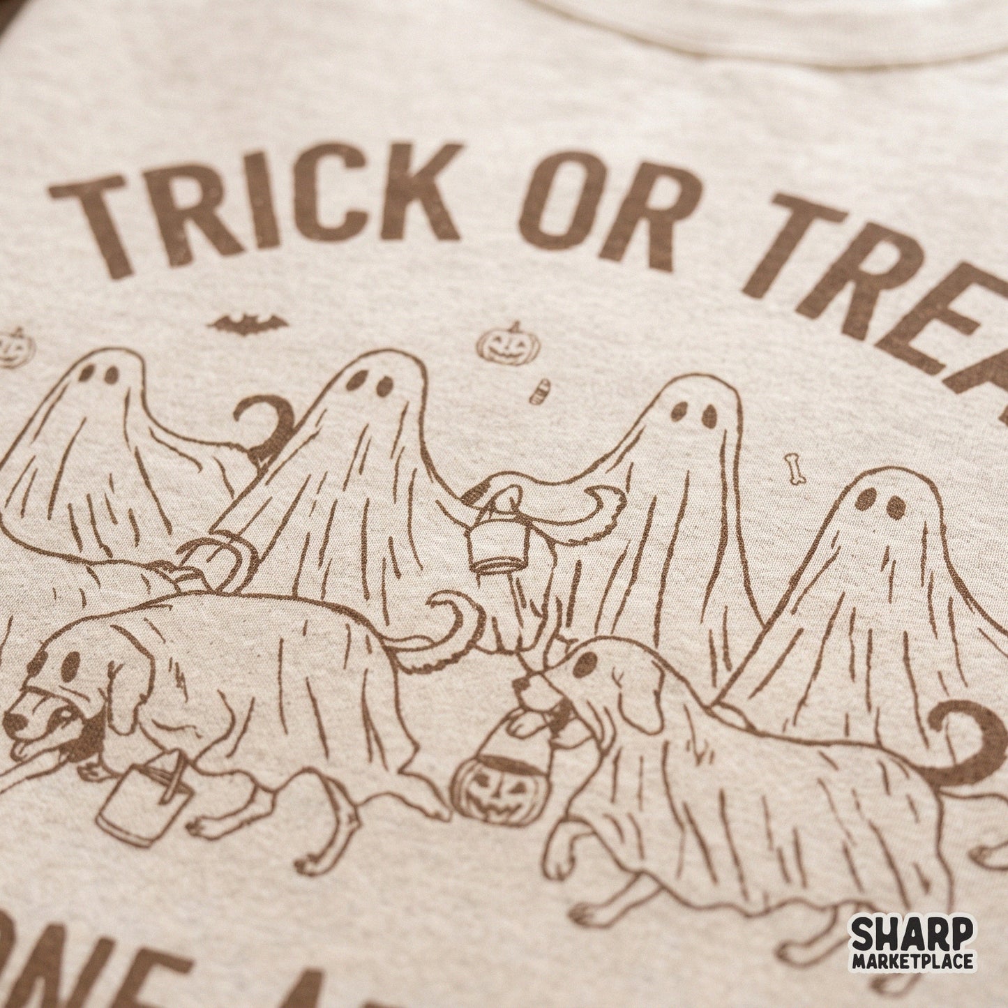 Retro Trick or Treat Bone Appetit ghost dogs design for a funny Halloween sublimation shirt or spooky season apparel craft