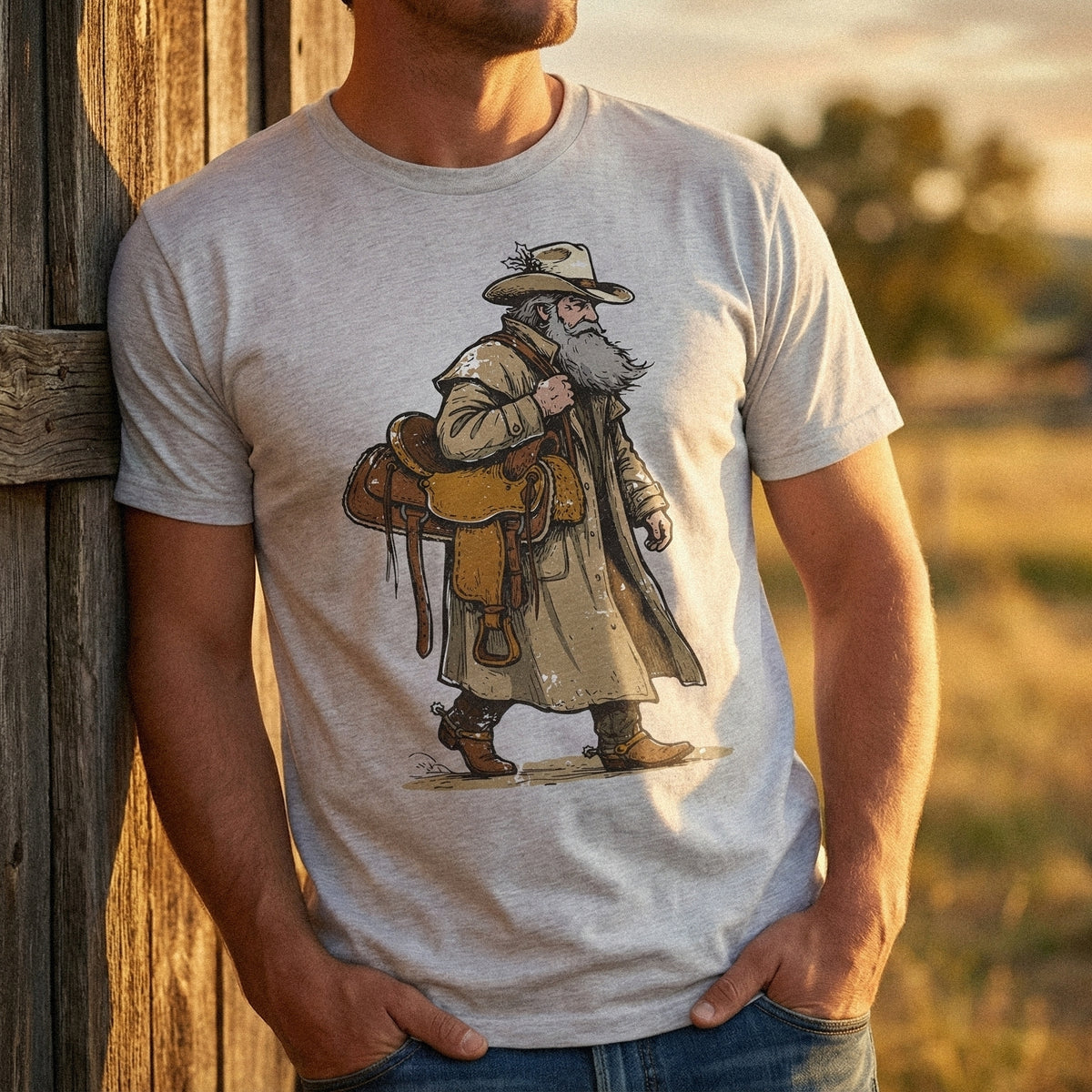 Rustic hand-drawn cowboy clipart featuring a man with a white beard and western hat, perfect for farmhouse decor, stickers, and printable wall art.