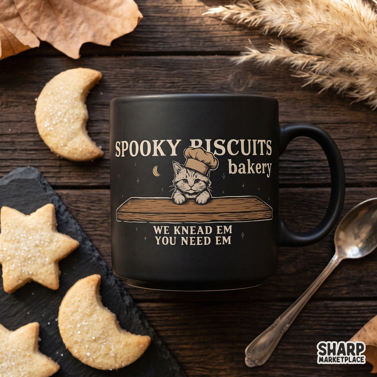 Funny chef cat baking spooky biscuits design for sarcastic Halloween PNG t-shirts and autumn apparel