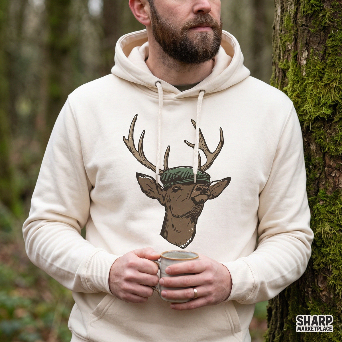 Vintage deer head wearing a green flat cap, funny hunting png illustration for retro fall apparel and sublimation t-shirts