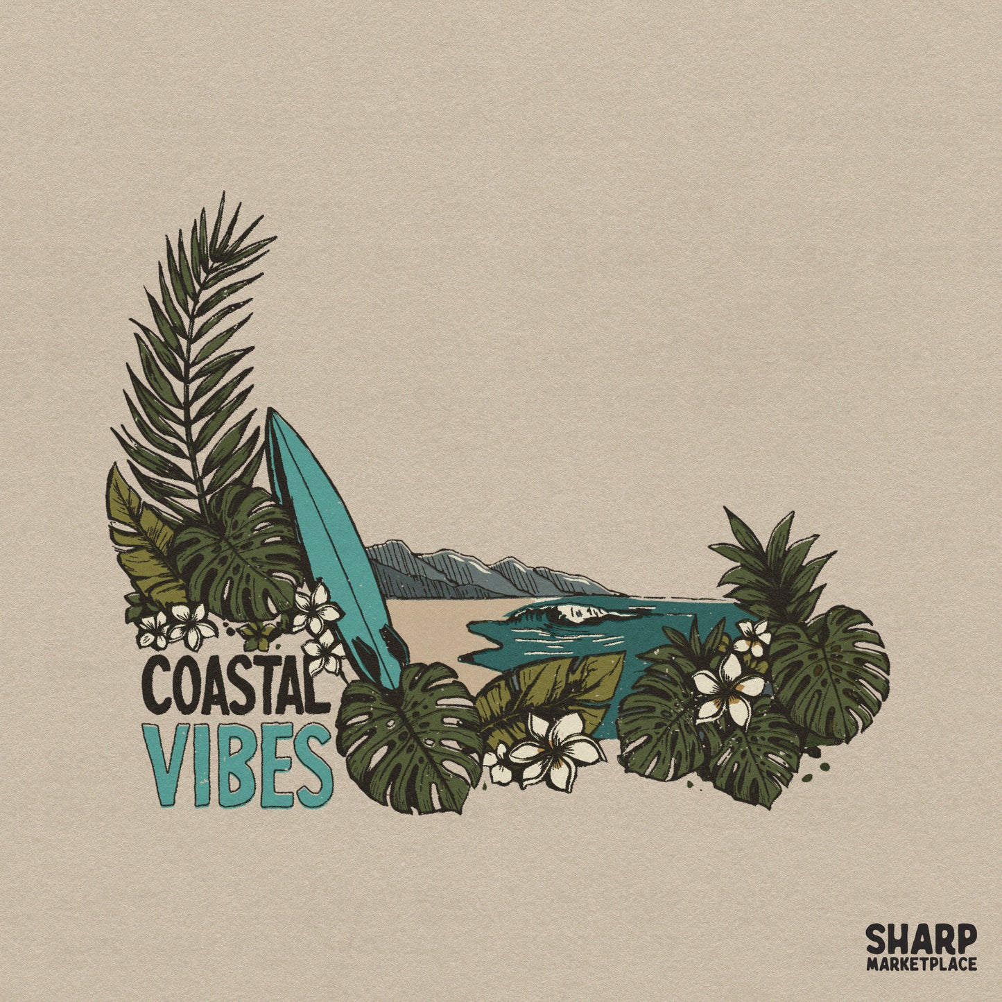 Retro coastal vibes surfboard and tropical flower sublimation PNG for summer beach vacation shirt designs