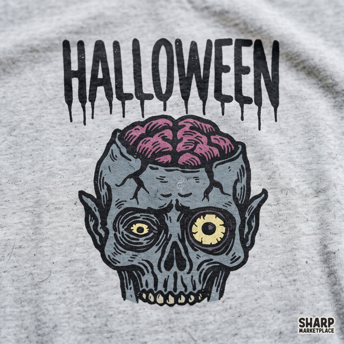 Trendy exposed brain zombie shirt design for spooky season horror movie sublimation graphics