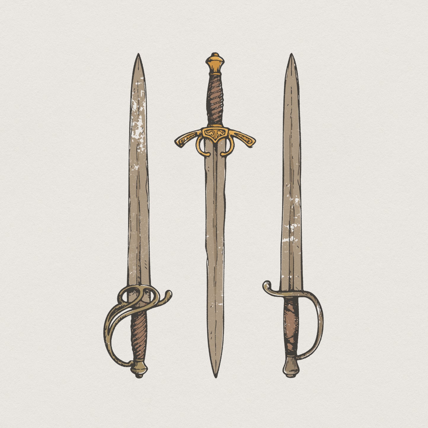 Hand-drawn trio of medieval swords in a vintage, distressed style with muted gold and earth tones, perfect for warrior-themed apparel and wall art.