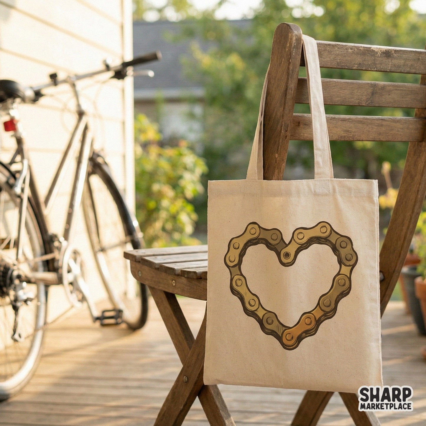 Rugged bike chain heart design in earth tones, suitable for custom mountain biking apparel, printable art, or mechanic-themed DIY projects.