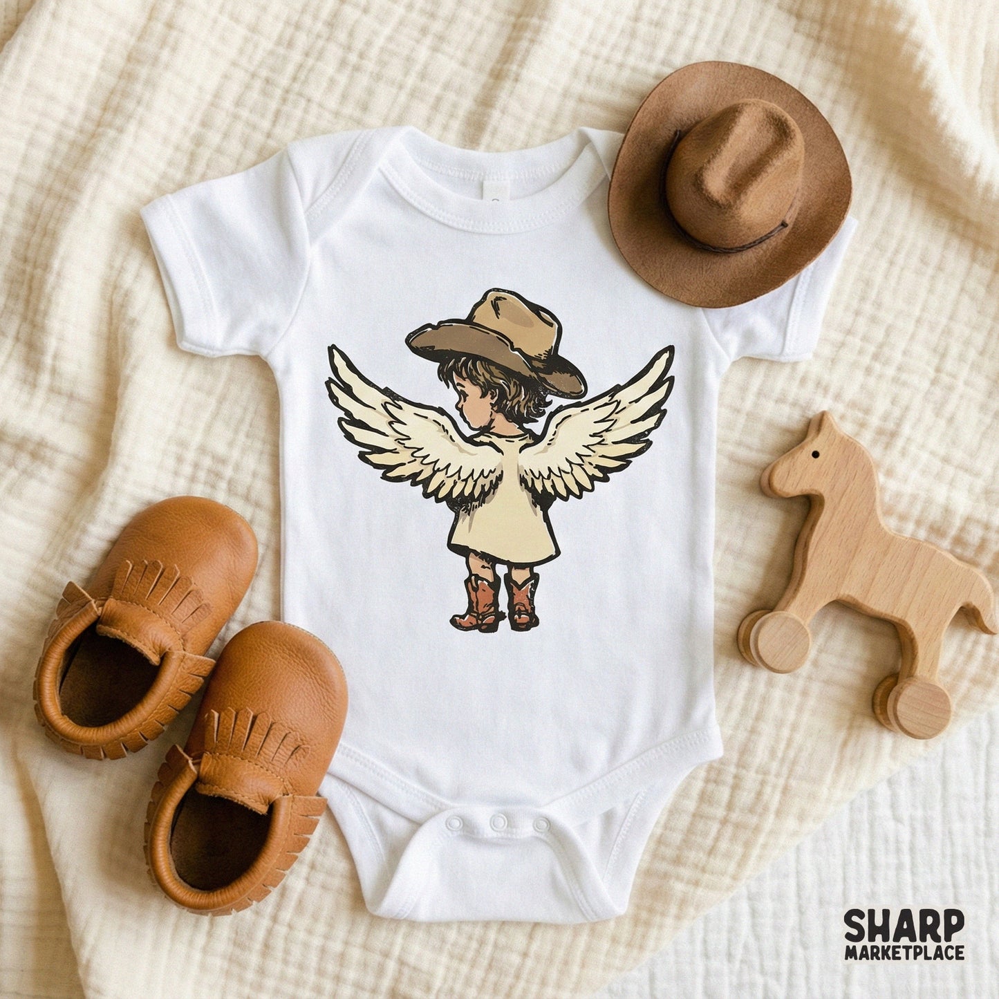 Cowboy Angel Kid PNG, Western Child with Wings - 300 DPI Design for T-Shirt