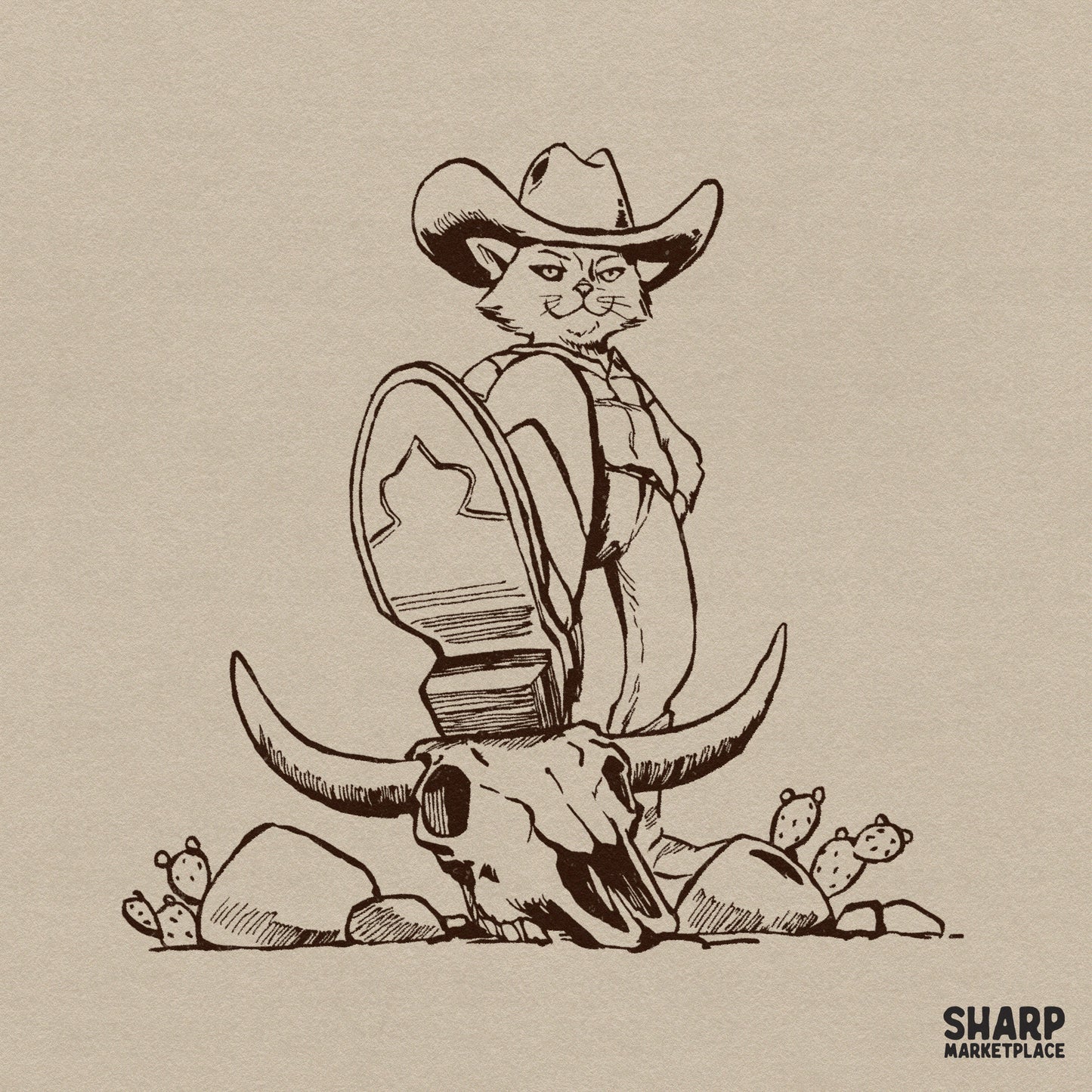Badass cowboy cat stepping on a cow skull retro western PNG for funny sarcastic shirt sublimation designs