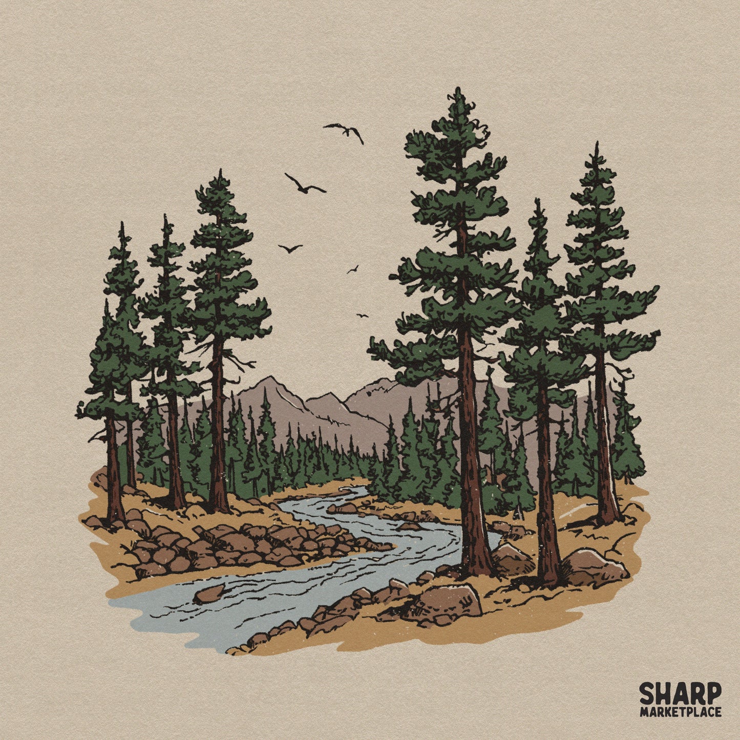 Retro pine forest and river valley nature scene PNG for camping shirts and vintage wilderness sublimation designs