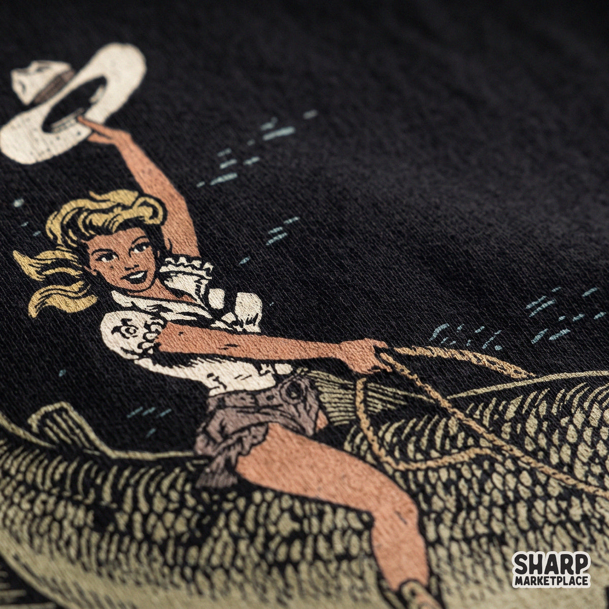 Retro pin up cowgirl riding a giant fish PNG design for western lake life t-shirts and apparel transfers