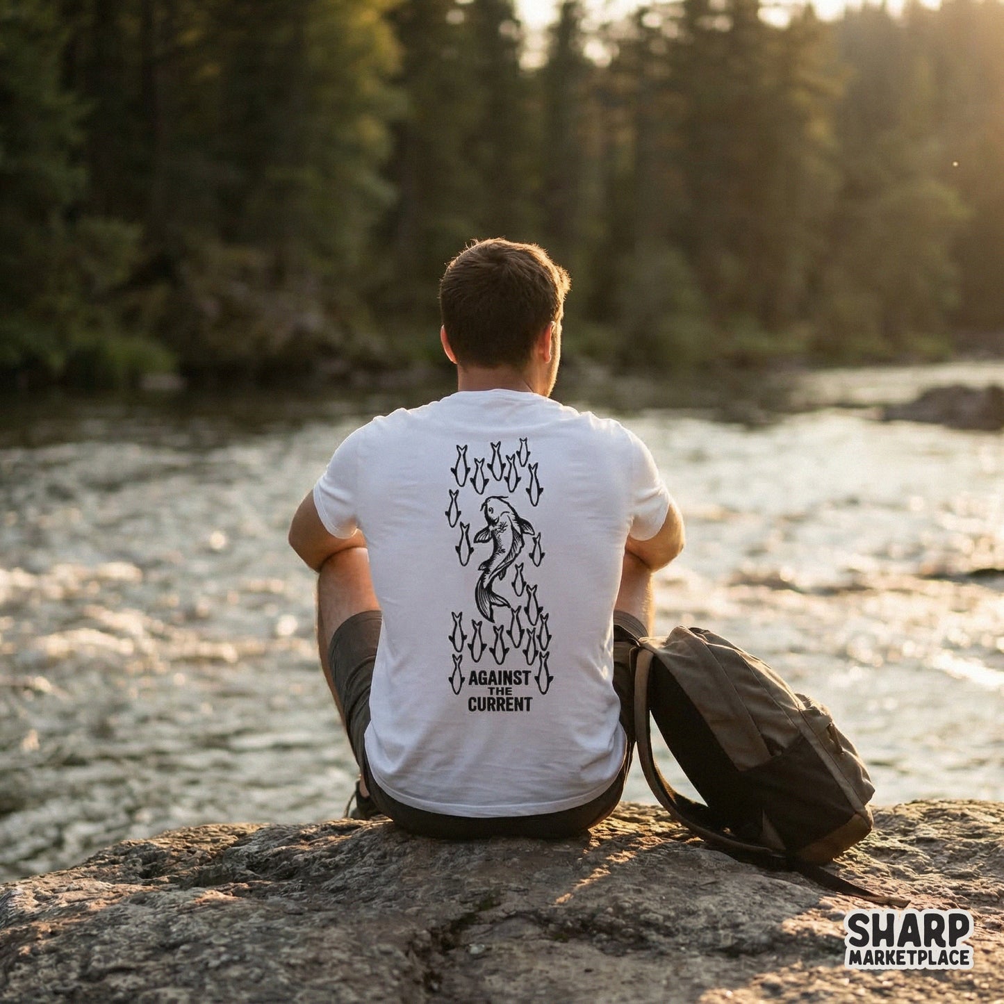Motivational digital design featuring a detailed koi fish swimming upstream with the words Against The Current, perfect for apparel or wall art prints.