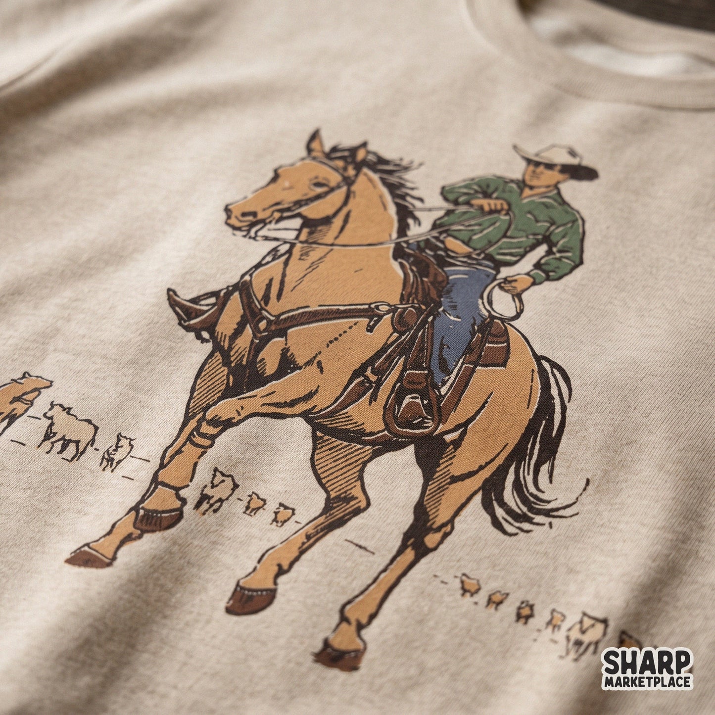 Hand drawn vintage cowboy riding a horse western png design for rodeo shirts and sublimation apparel