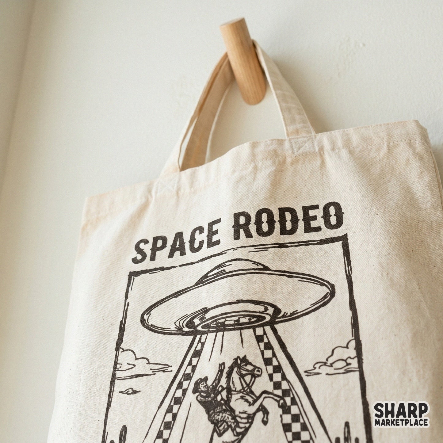 Quirky sci-fi western digital art featuring a cowboy and horse in a tractor beam, ideal for DIY sublimation projects, tumblers, and trendy apparel.