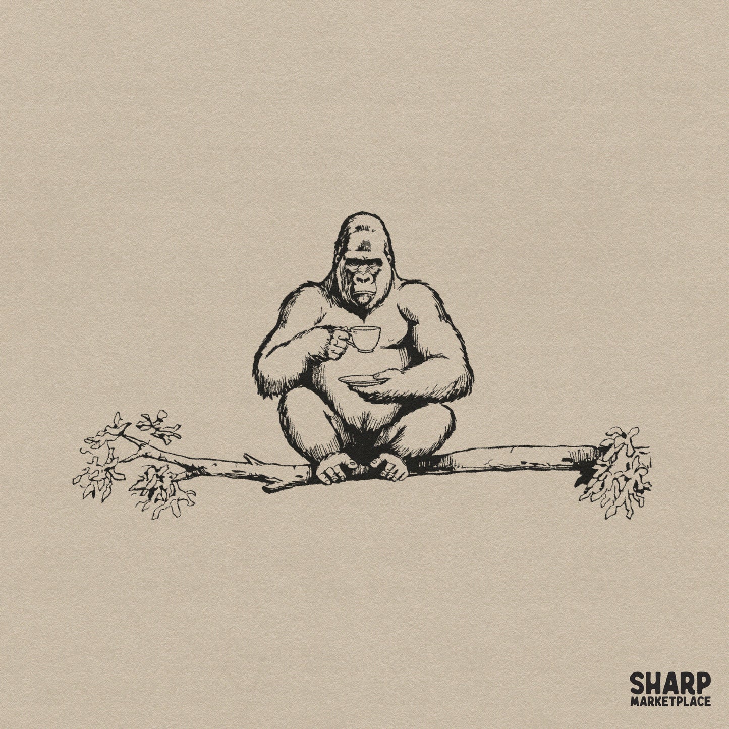 Distinguished gorilla sitting on a tree branch drinking tea retro Y2K meme PNG for sarcastic apparel and mug sublimation