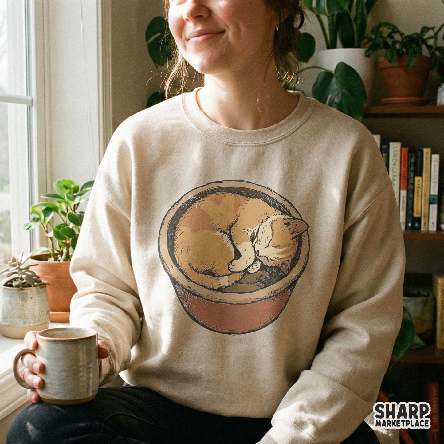 Sleeping Cat In Flower Pot PNG, Cute Cat Digital Download - 300 DPI