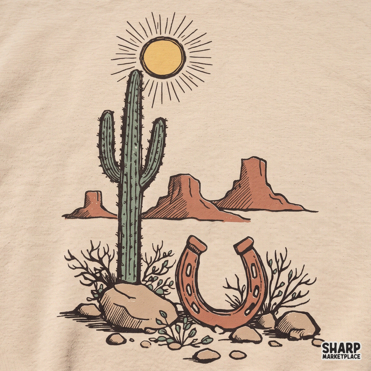 Retro desert landscape with saguaro cactus and rusty horseshoe sun for western shirt sublimation PNG