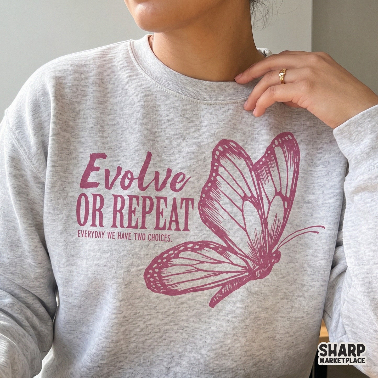 Trendy butterfly sublimation design with evolve or repeat growth quote for Y2K style retro t-shirts and digital crafts