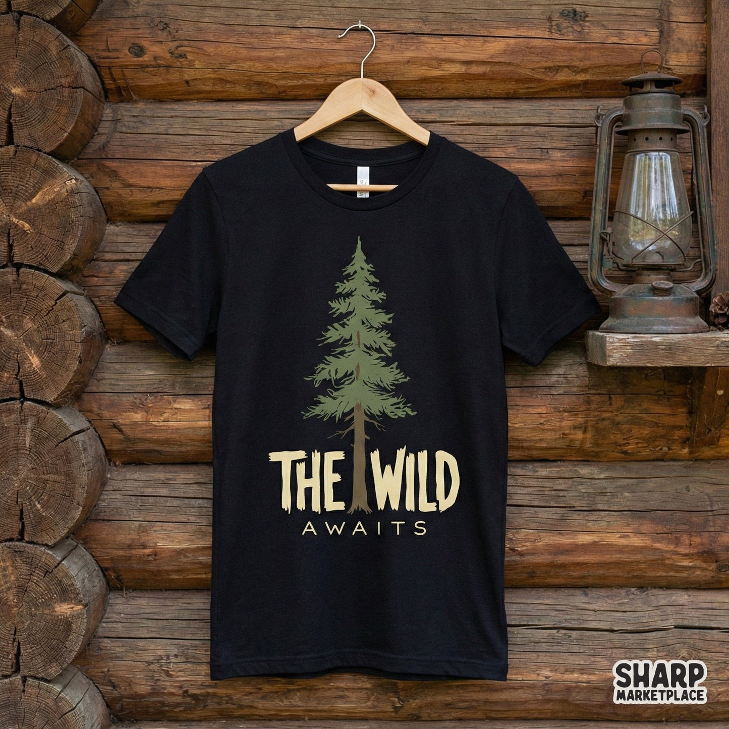 Nature-inspired graphic with a detailed evergreen tree and rustic lettering, suitable for custom camping shirts, stickers, and wilderness wall art.