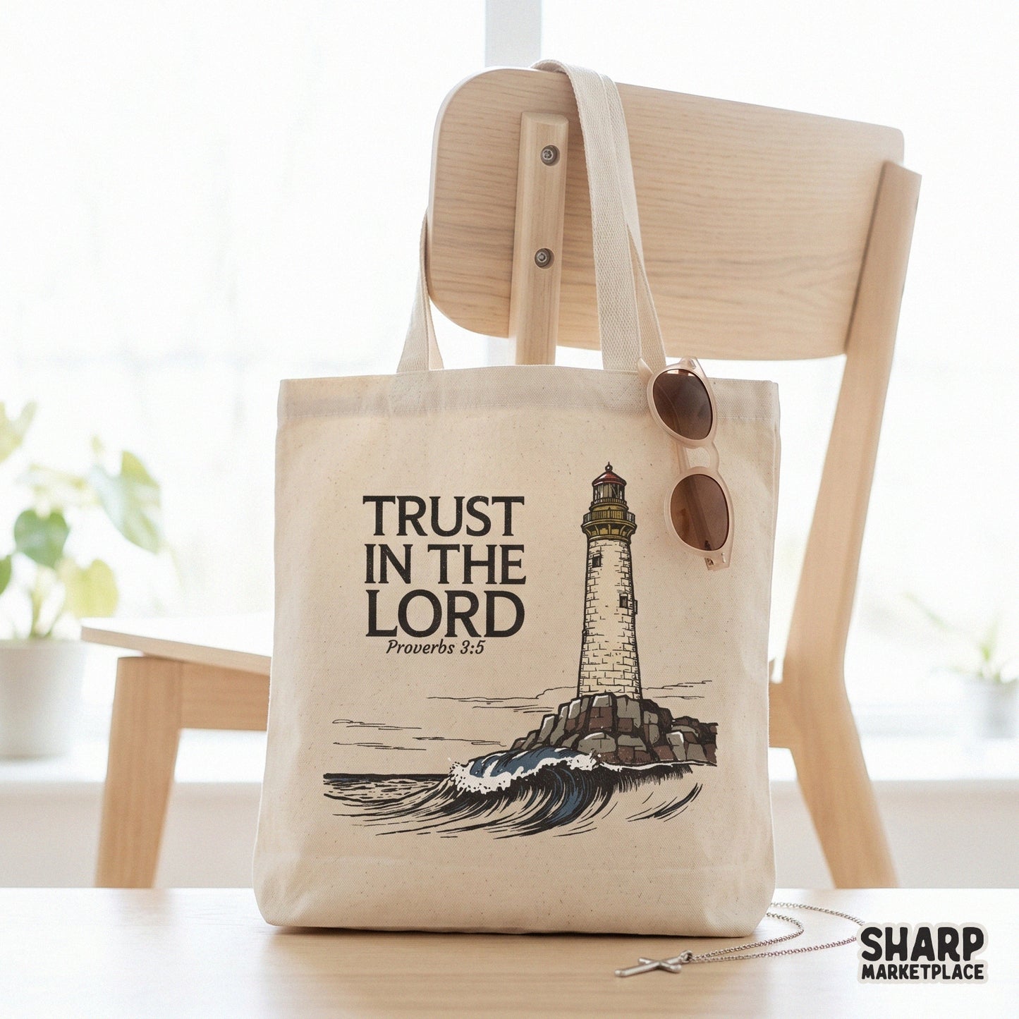 Nautical lighthouse and ocean waves with Trust in the Lord Proverbs 3:5 Bible verse Christian faith shirt design