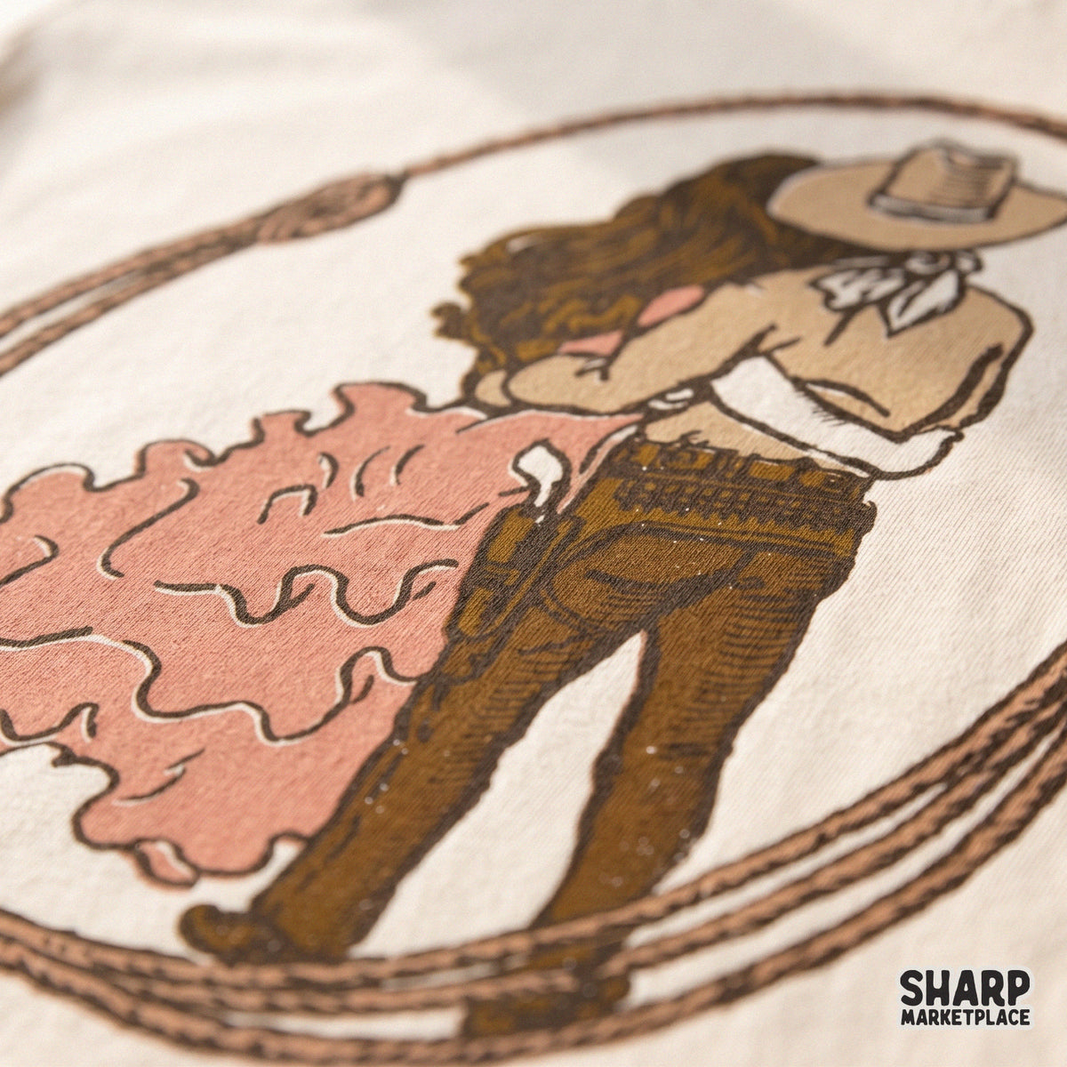 Retro western romance PNG featuring a cowboy and cowgirl kissing in a lasso frame for Valentine shirt designs