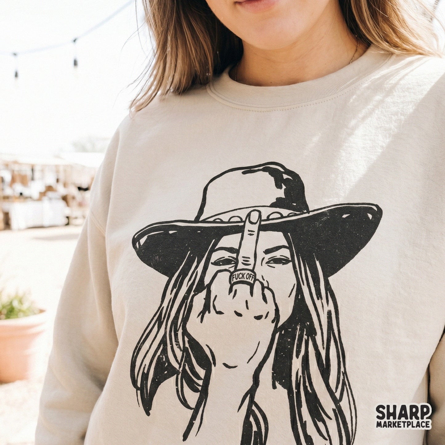 Monochromatic western style illustration of a woman in a hat making a rude gesture, designed for print-on-demand shirts, tumblers, and DIY craft projects.