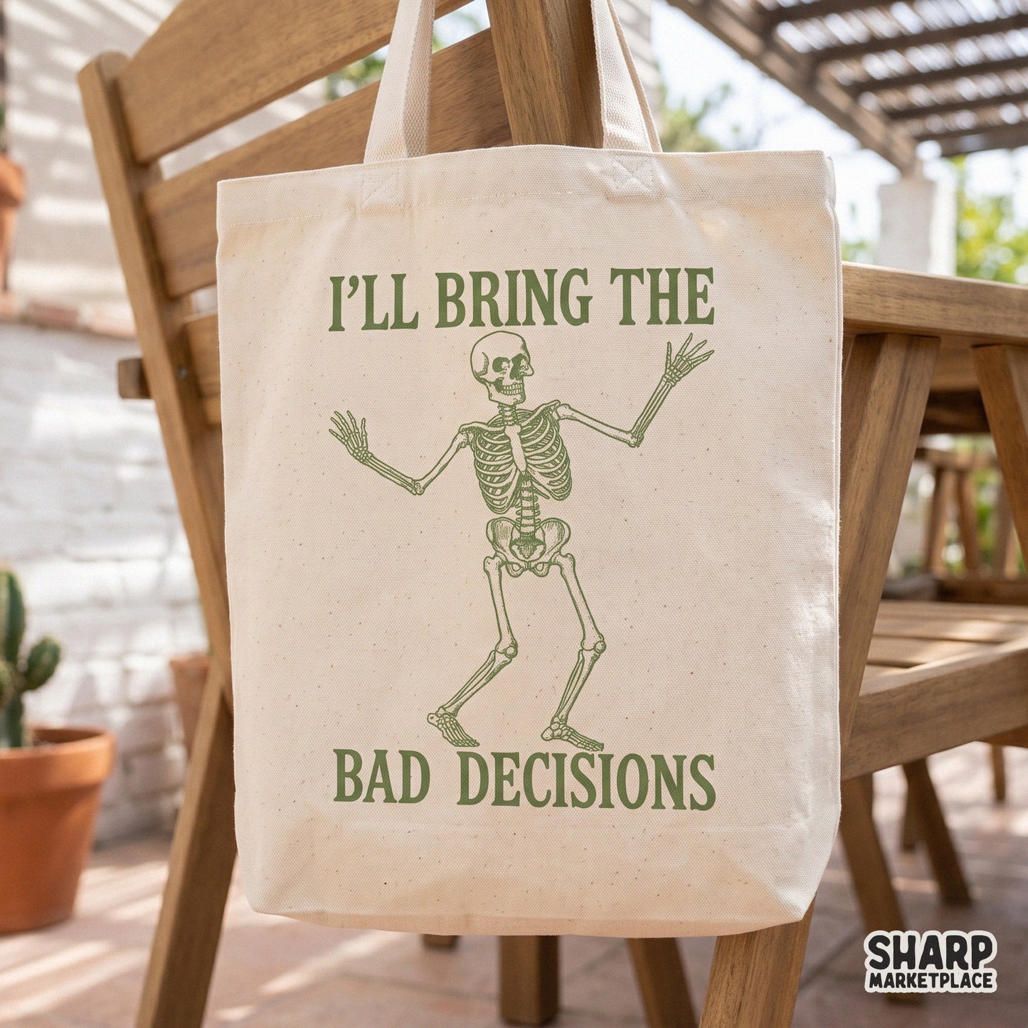 Dancing skeleton graphic with I'll Bring the Bad Decisions text for a sarcastic girls trip shirt sublimation design