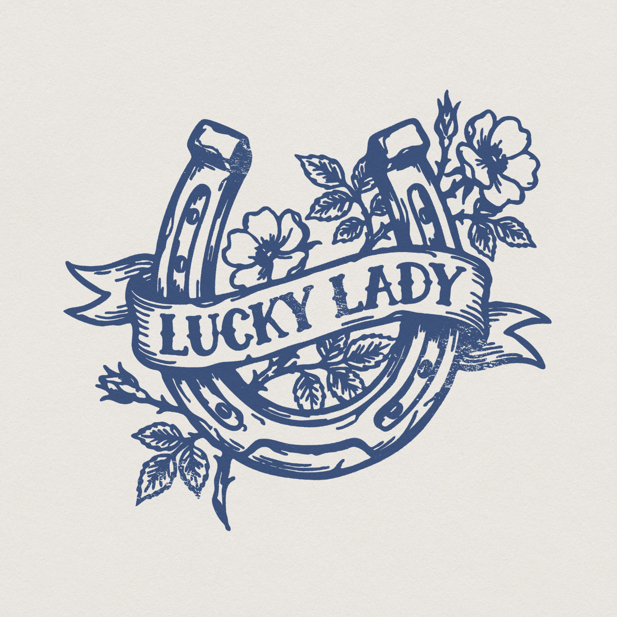Vintage blue horseshoe illustration with wildflowers and a ribbon banner reading Lucky Lady, perfect for western-themed sublimation and apparel.