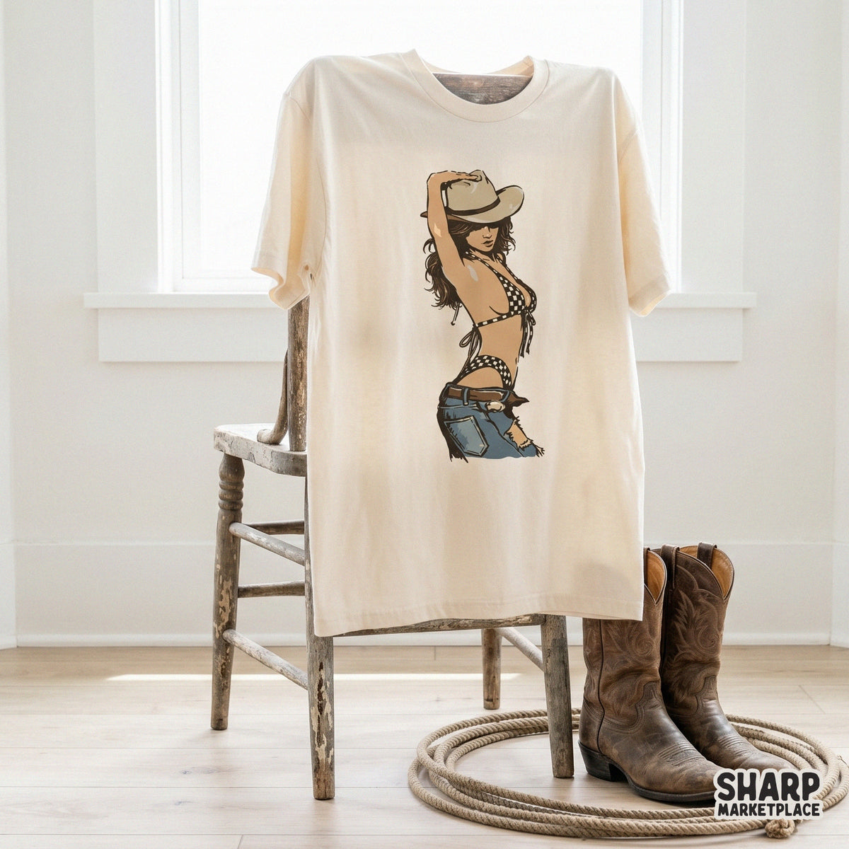 Summer desert themed pinup cowgirl graphic with a checkered bikini and cowboy hat, suitable for creating custom tumblers and apparel prints.