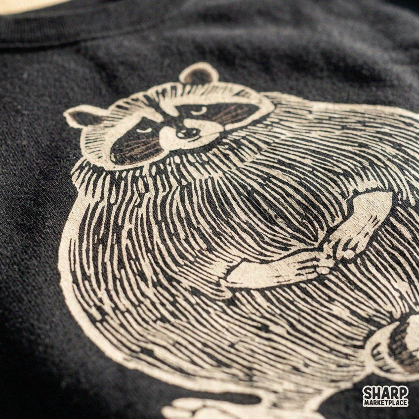 Chubby Fat Raccoon Linocut Woodcut Illustration Trendy PNG