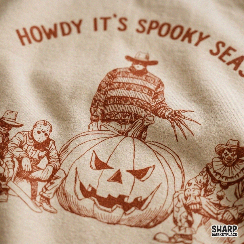 Western horror movie villains at a fence design for a funny fall spooky season shirt halloween png