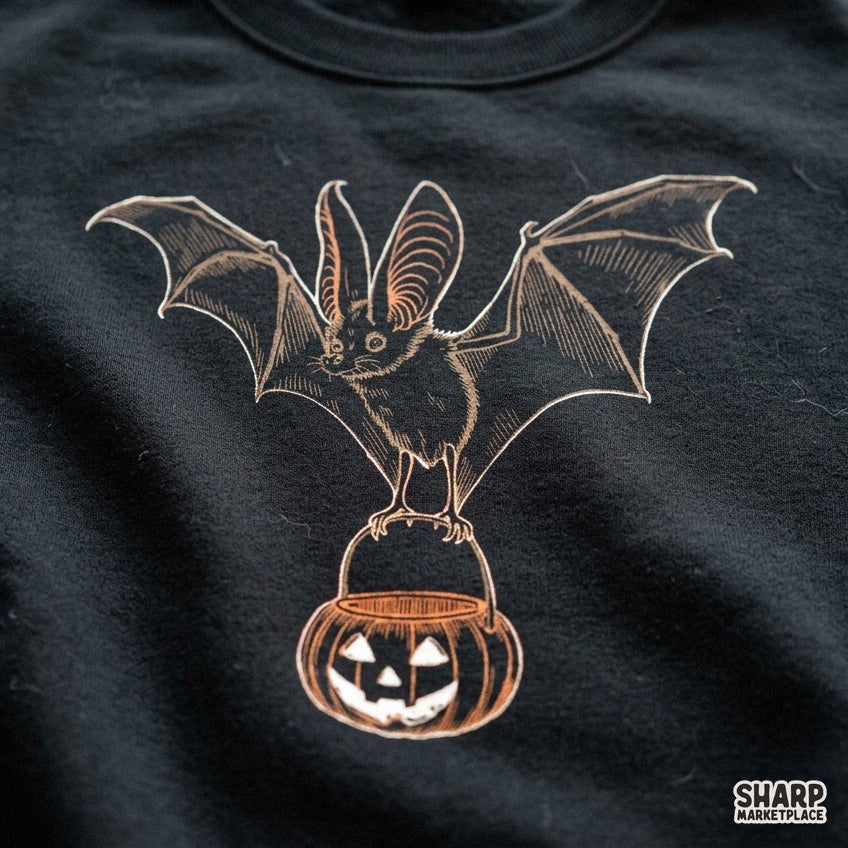Vintage Halloween bat carrying a jack o lantern pumpkin bucket retro digital PNG clipart for spooky season apparel