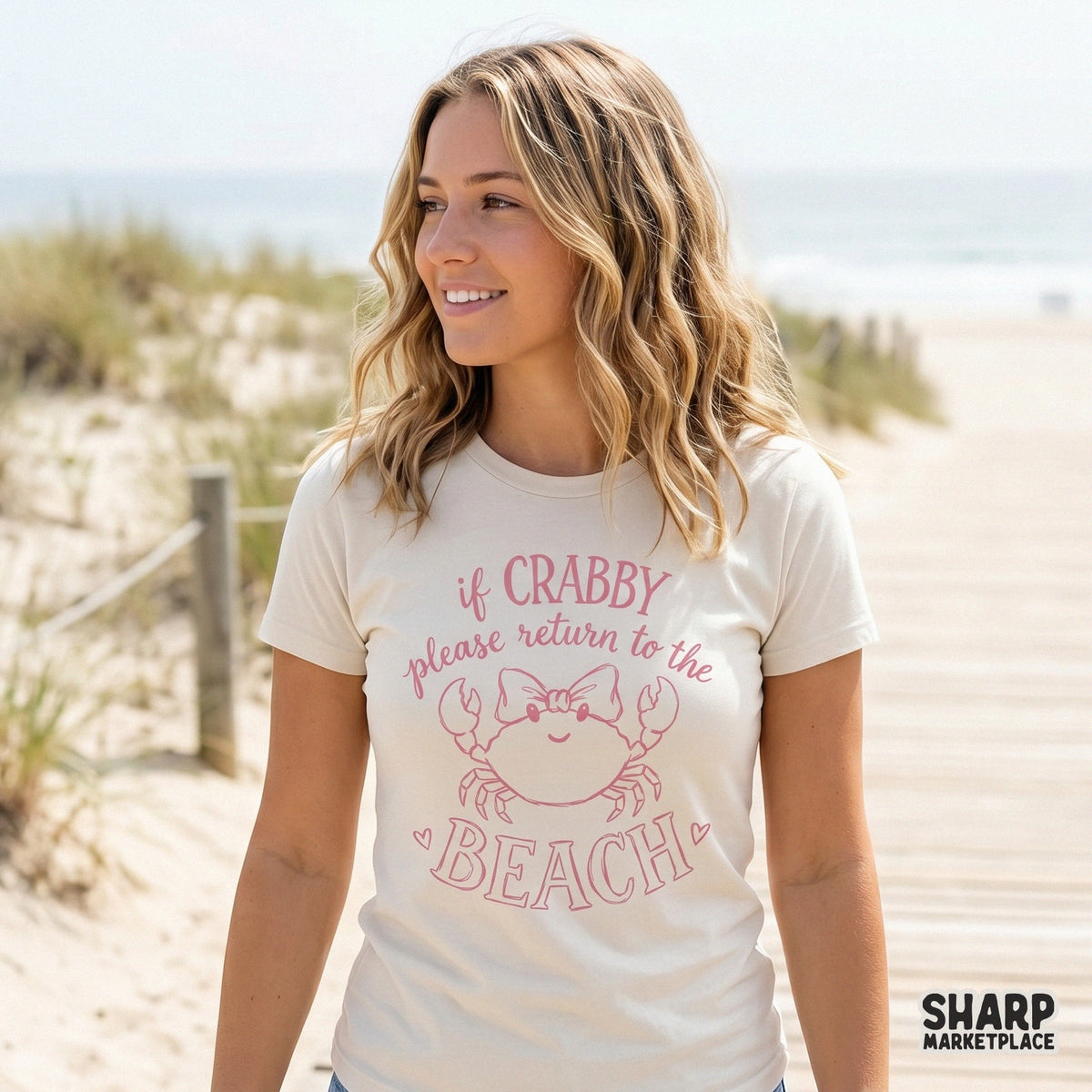 Retro style pink crab illustration with a bow and playful beach-themed text, suitable for coastal apparel, sublimation projects, and custom DIY crafts.