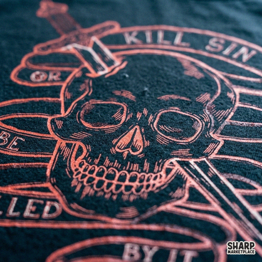 Gothic sword and skull design with Kill Sin text for edgy Christian shirts and sublimation