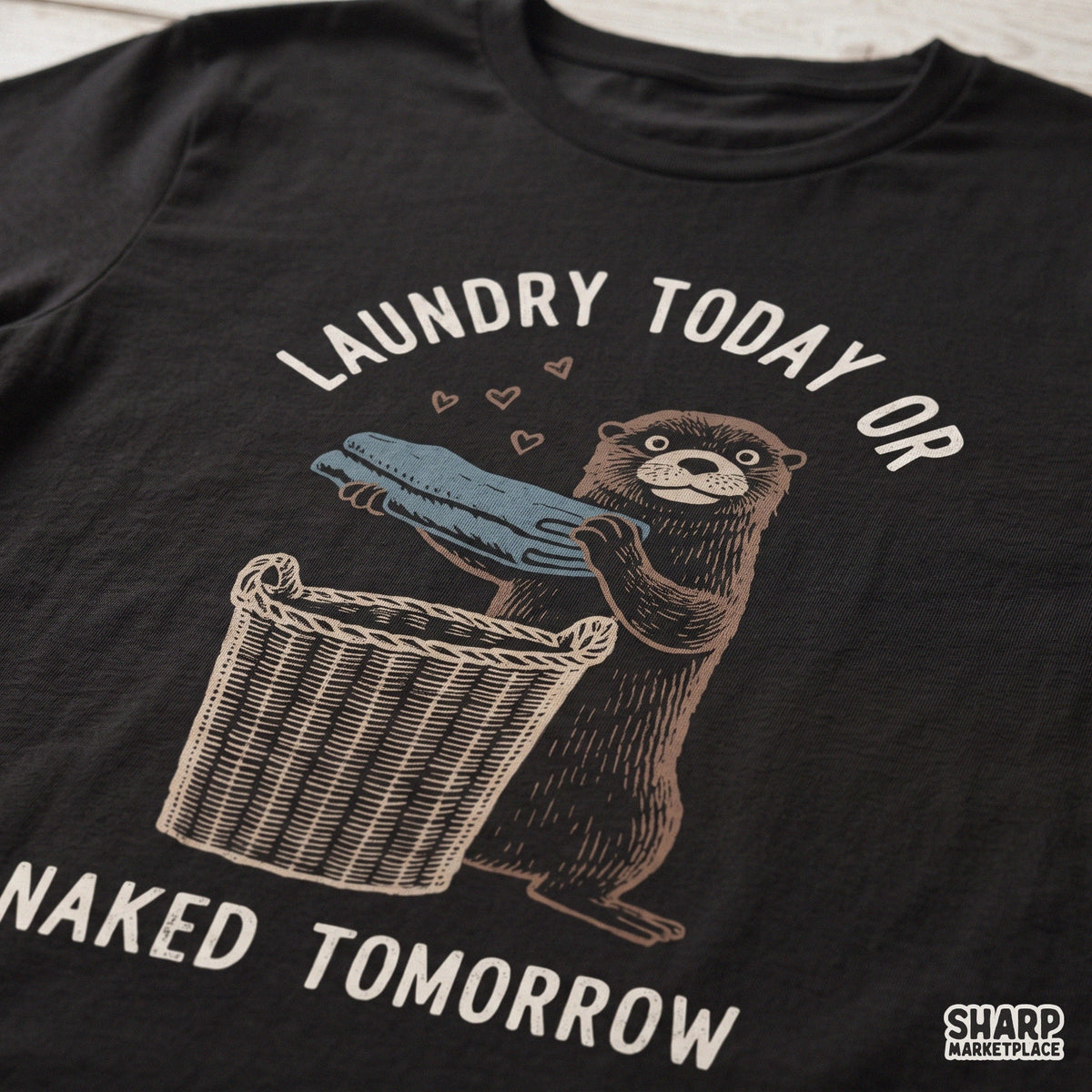 Funny otter folding clothes design with quote Laundry Today Or Naked Tomorrow retro sarcastic PNG graphic for laundry room