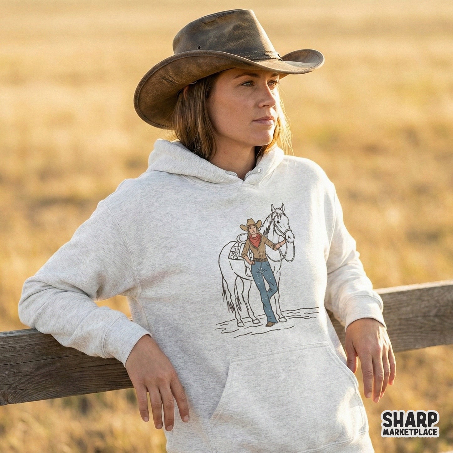 Hand-drawn cowgirl leaning against a saddled horse in a muted color palette, ideal for DIY western apparel, heat transfers, and ranch-style crafts.