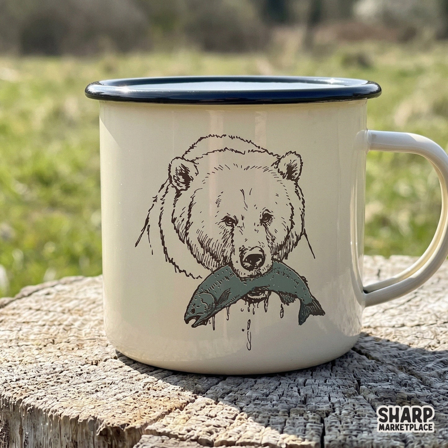 Retro wildlife sketch of a grizzly bear catching a salmon fish for custom t-shirt sublimation designs