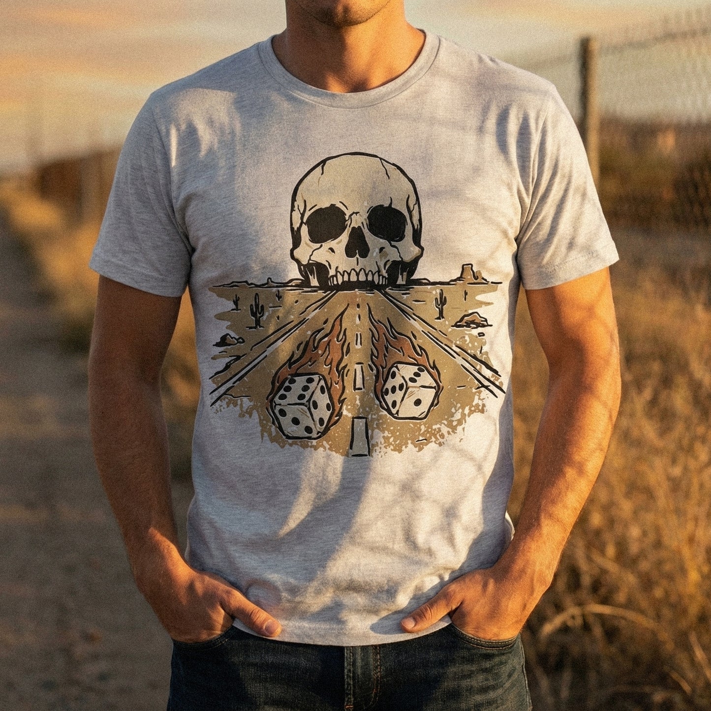 Desert Highway Skull PNG, Dice Flames Art - 300 DPI Design for T-Shirt