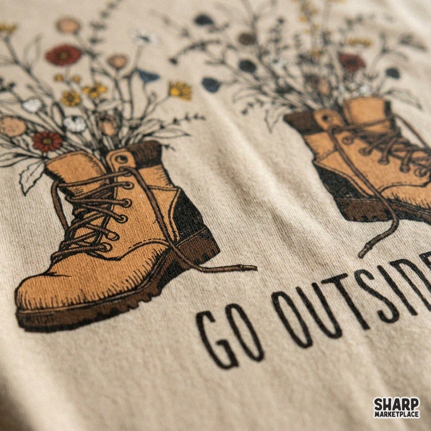Go Outside wildflower hiking boots design with floral bouquet for vintage nature lover t-shirt sublimation