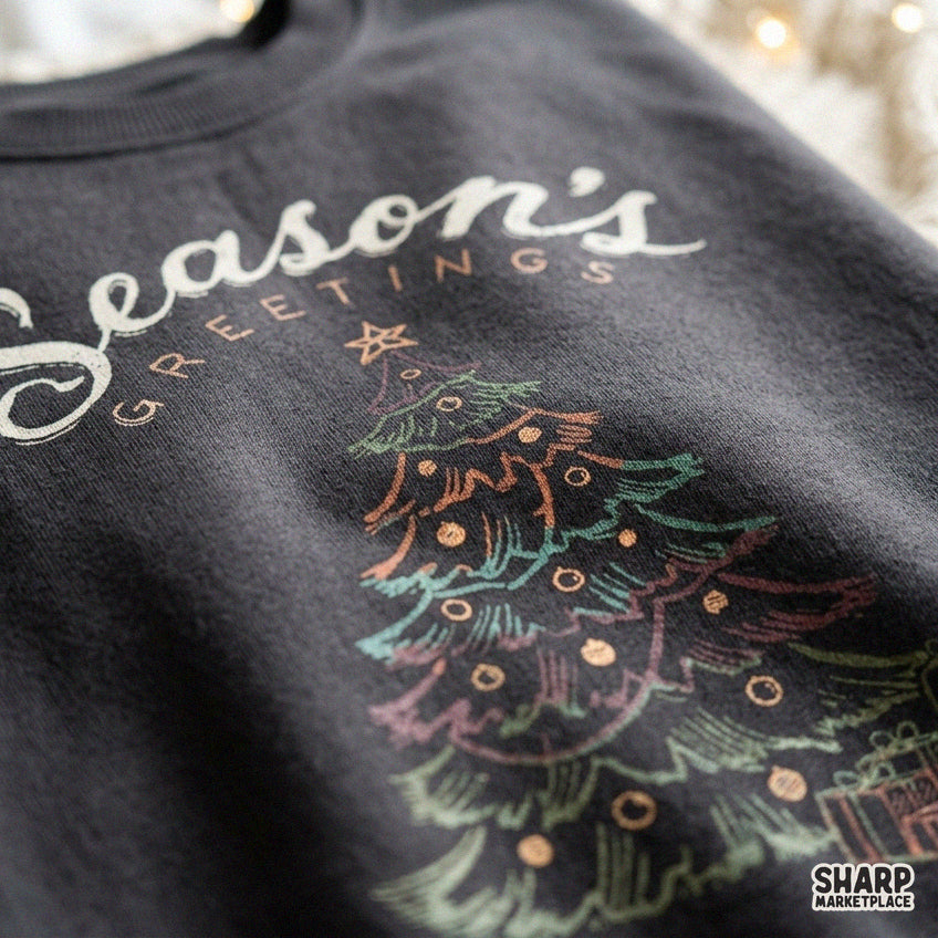 Retro Christmas tree PNG design featuring Season's Greetings text for holiday t-shirts and festive sublimation crafts